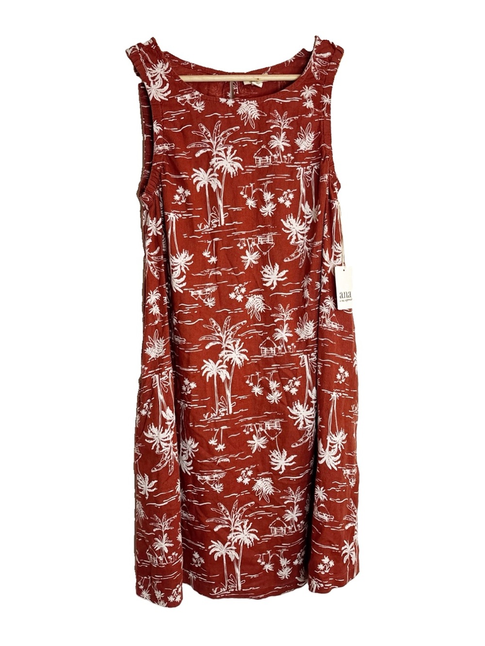 NWT A.N.A. Tropical Print Shift Dress Sleeveless Linen Blend Brown Sz M